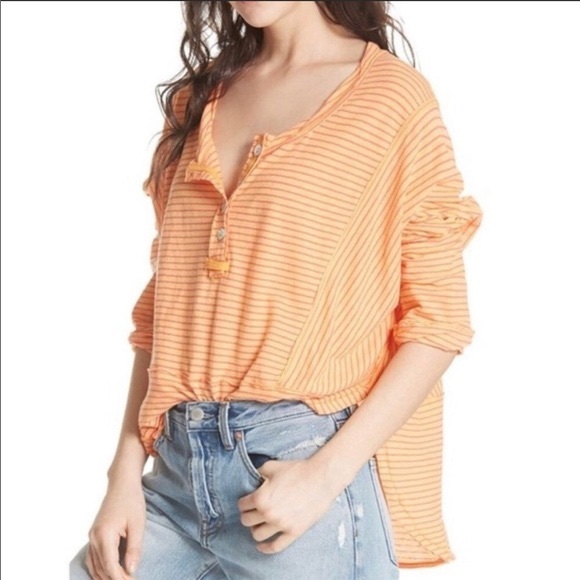 Free People Orange Stripe Hong Kong Henley Top S - Picture 2 of 9